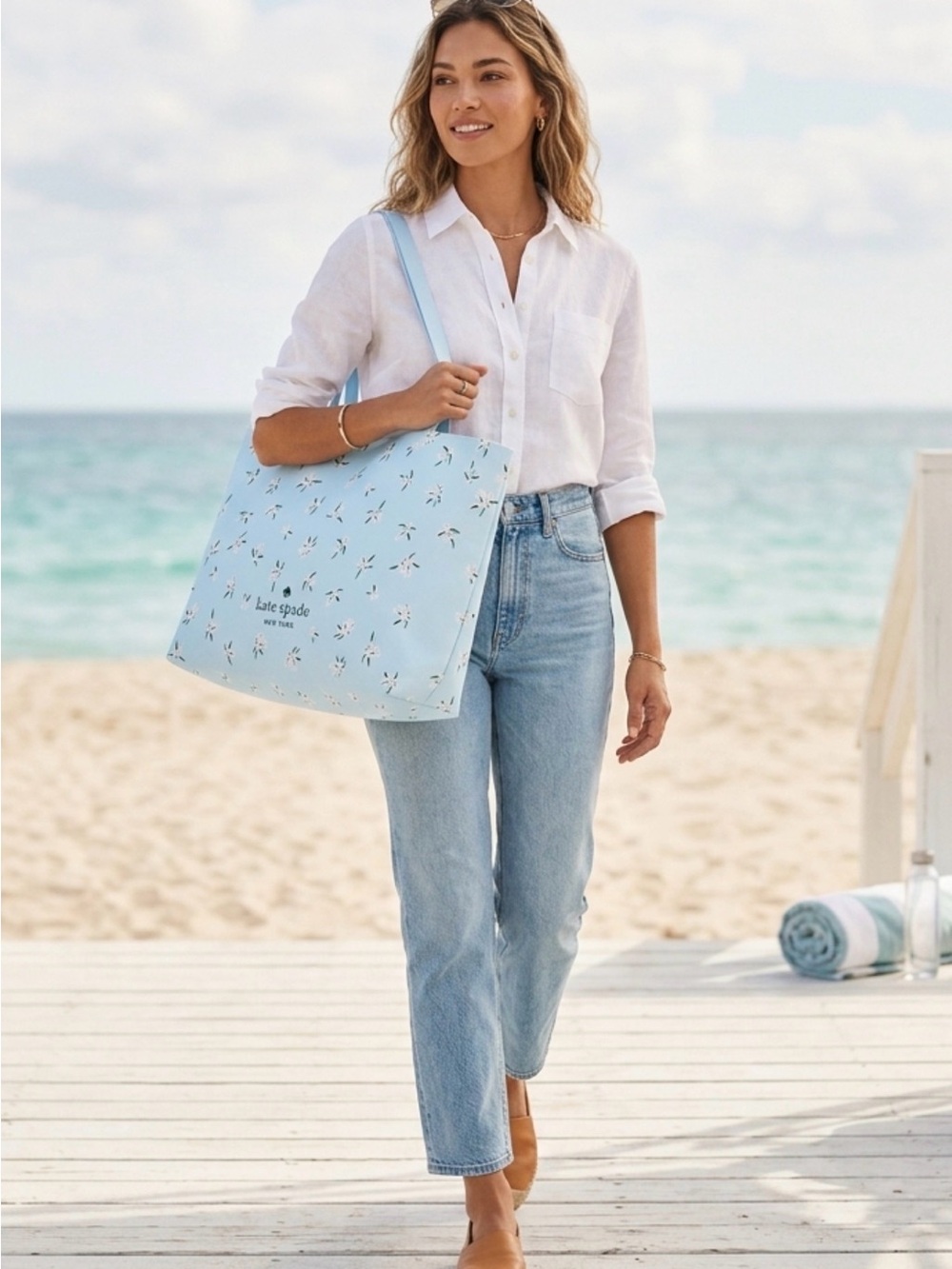 Kate Spade New York Large Canvas Tote Sky Blue Petal Floral NWOT Shopper Bag